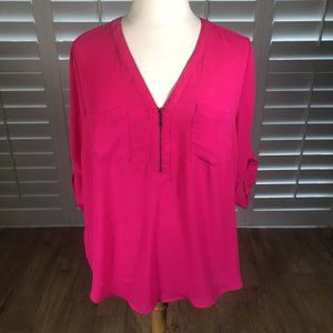NEW Torrid Neon Pink Chiffon Blouse Top 2 Roll Tab Sleeve Harper Zip Pockets